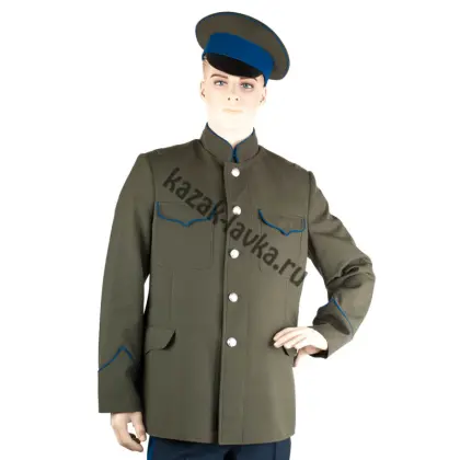 Китель казачий оливковый пш, воротник стойка, синяя выпушка